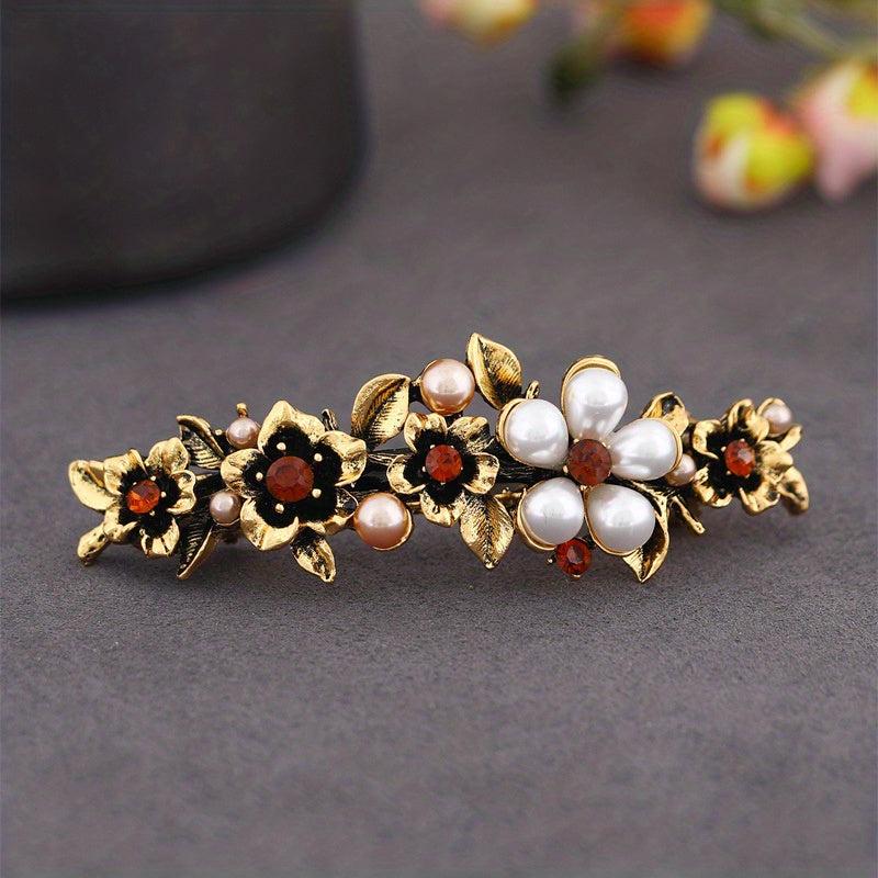Retro Metal Flower Faux Pearl Hair Clip French Barrette