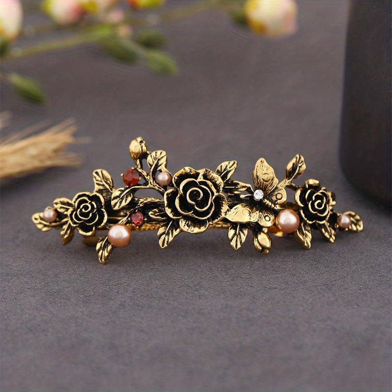 Retro Metal Flower Faux Pearl Hair Clip French Barrette