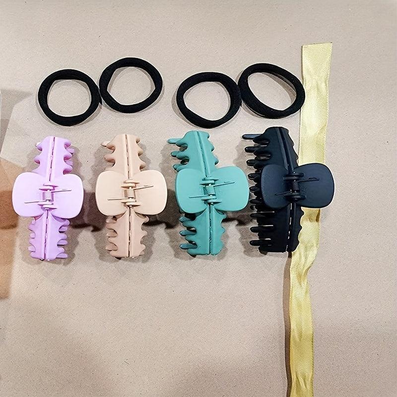 4pcs Solid Hair Claw Grip & 10pcs Elastic Hair Tie Hair Styling Accessory