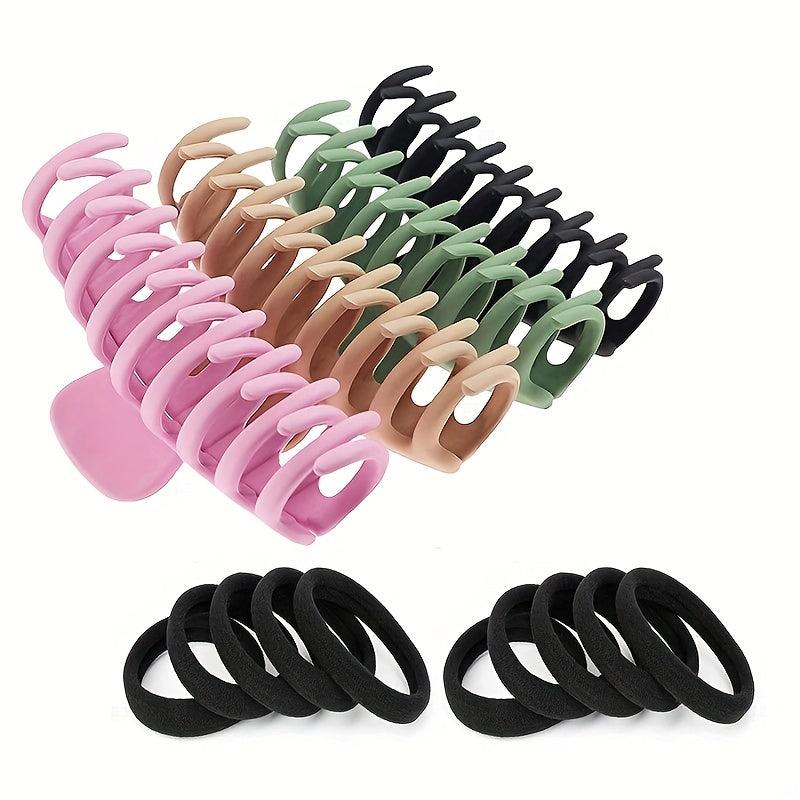 4pcs Solid Hair Claw Grip & 10pcs Elastic Hair Tie Hair Styling Accessory