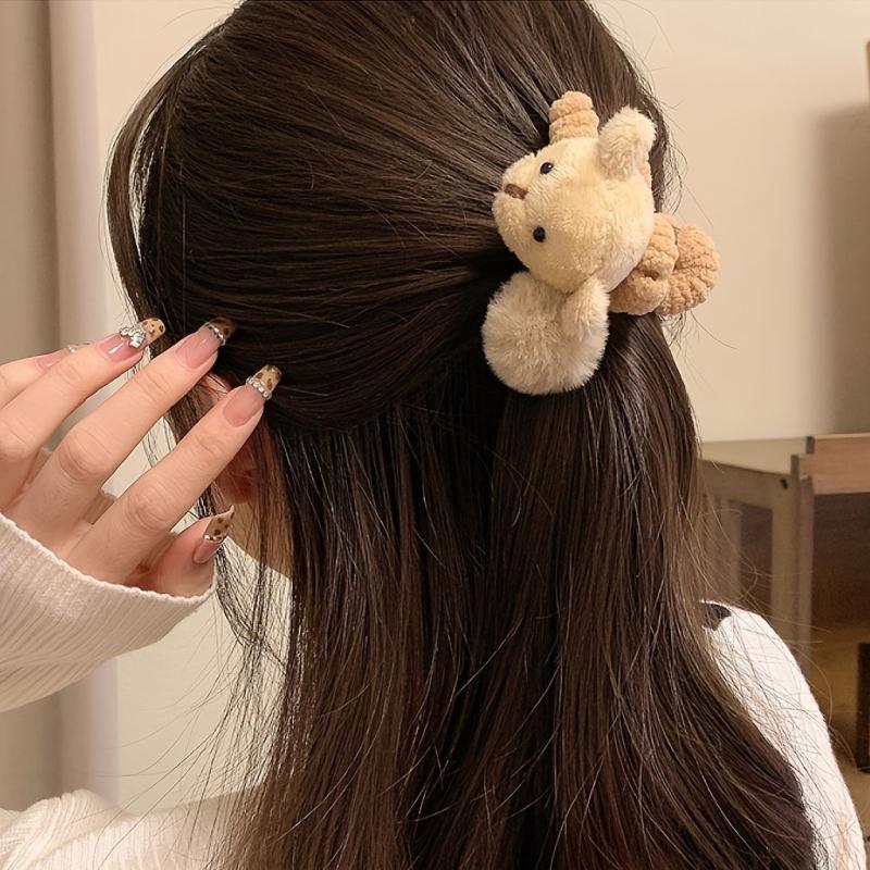 Plush Bear Hair Claw Clip Big Bow Grab Clip Flower Back Head Clip