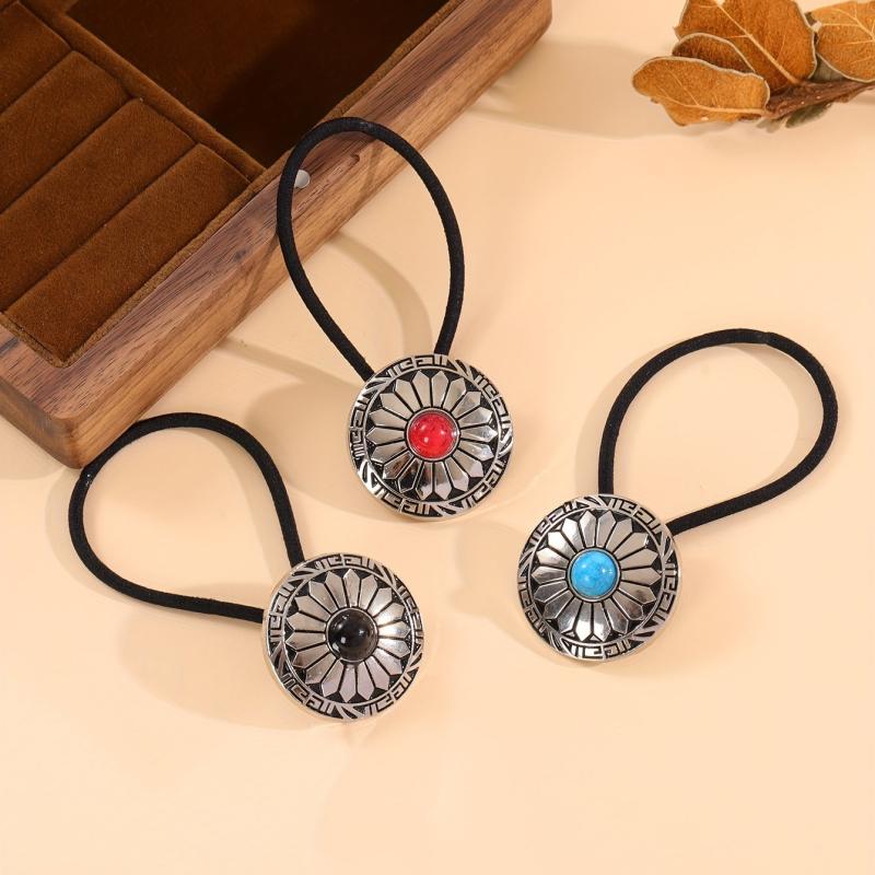 Western Style Hair Tie with Turquoise Decor - Elastic Ponytail Holder