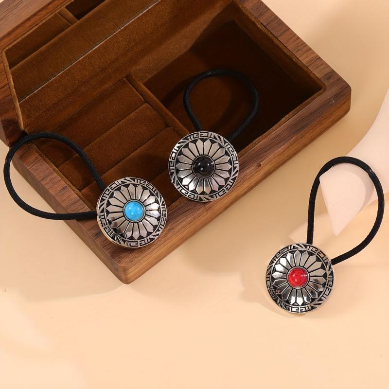 Western Style Hair Tie with Turquoise Decor - Elastic Ponytail Holder