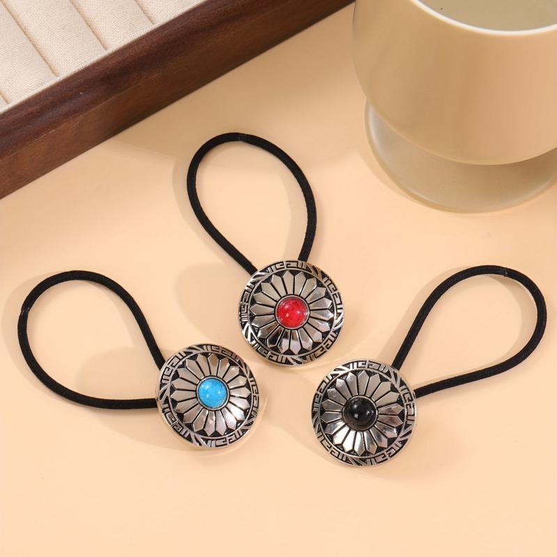 Western Style Hair Tie with Turquoise Decor - Elastic Ponytail Holder