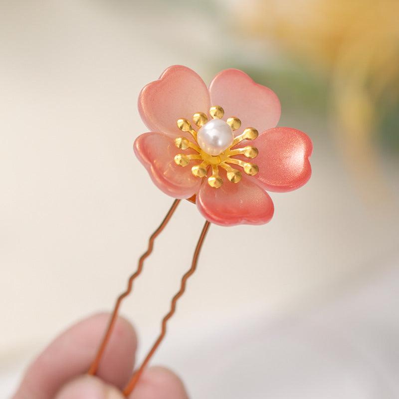 Vintage Chinese Style Hair Comb Faux Pearl Flower Leaf Metal Chignon