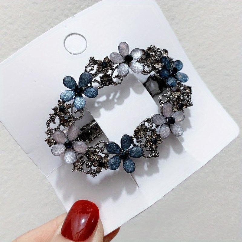 Vintage Rhinestone Flower Hollow Barrette Hair Clip for Women