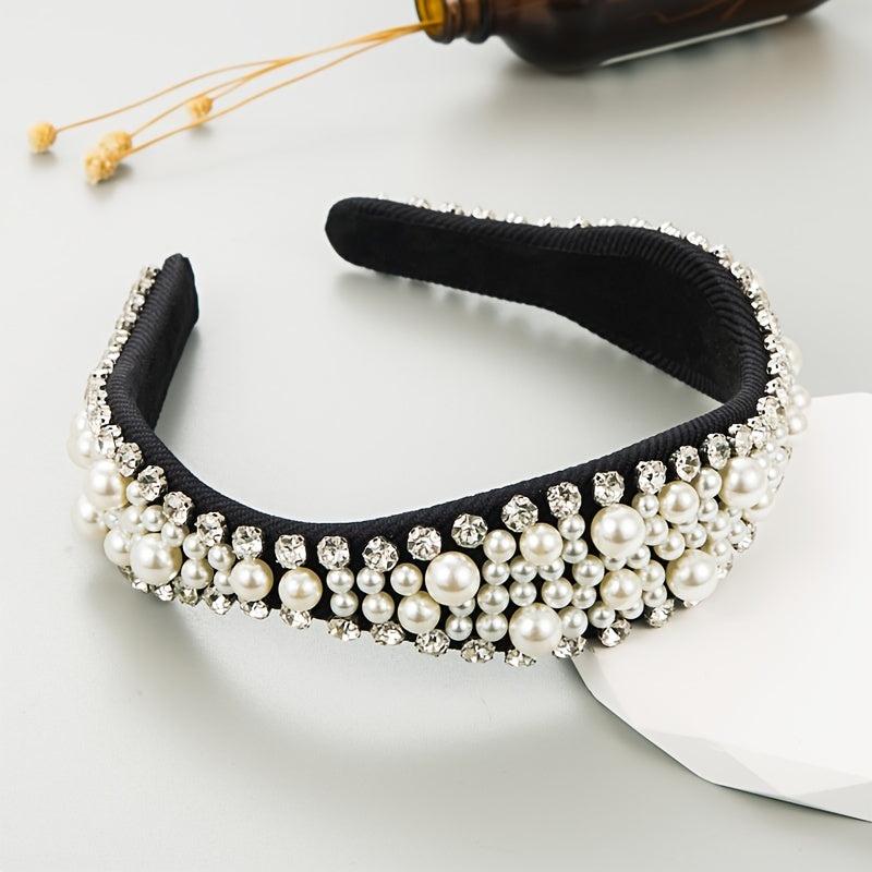 Pearls Beaded Rhinestone Hairband Headpiece for Women Girls