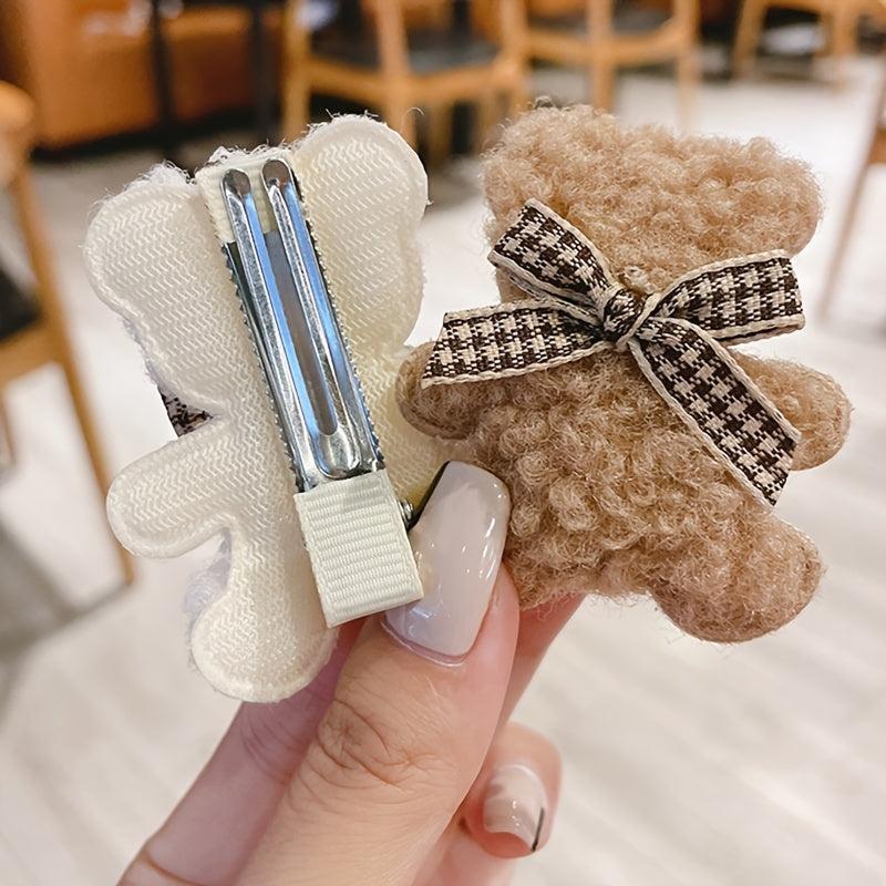 2pcs Plush Bear Hair Clips Sweet Cartoon Plush Women Hairpin