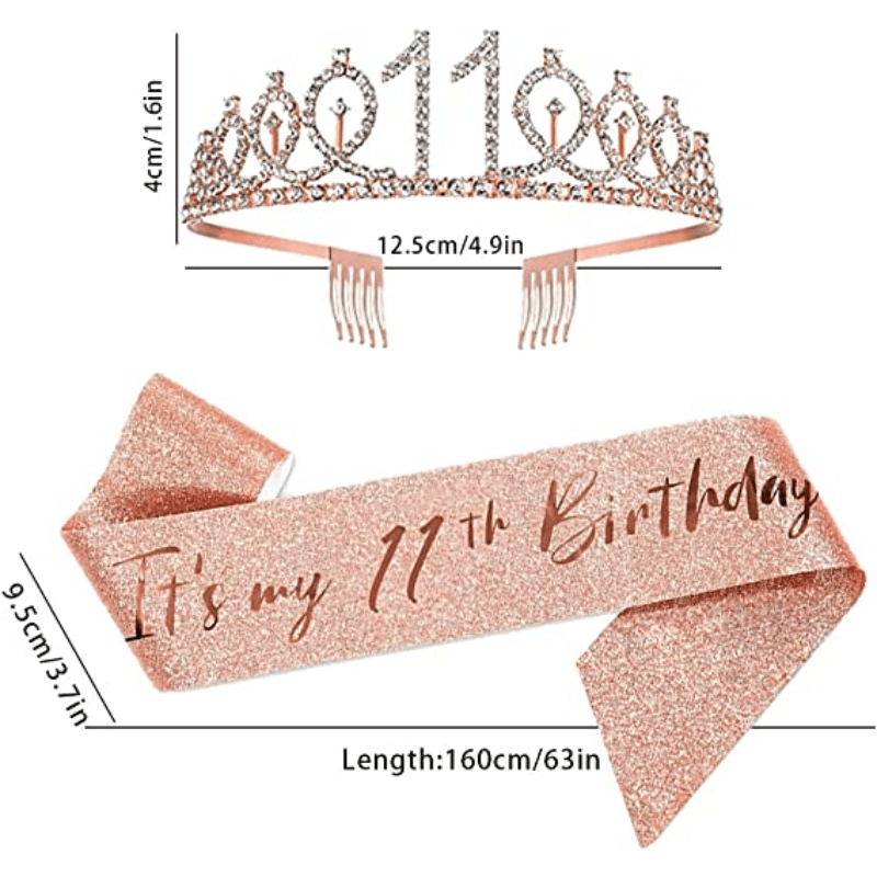 11th Birthday Party Rhinestone Crown & Sash Set