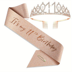 11th Birthday Party Rhinestone Crown & Sash Set