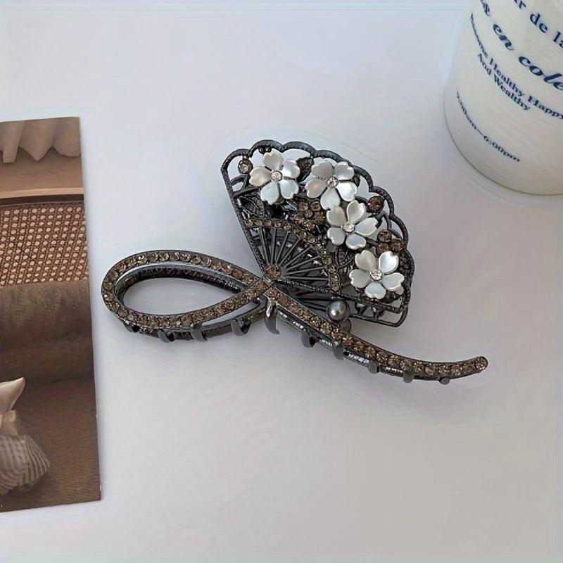 Vintage Rhinestone Flower Fan Hair Claw for Women