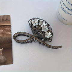 Vintage Rhinestone Flower Fan Hair Claw for Women