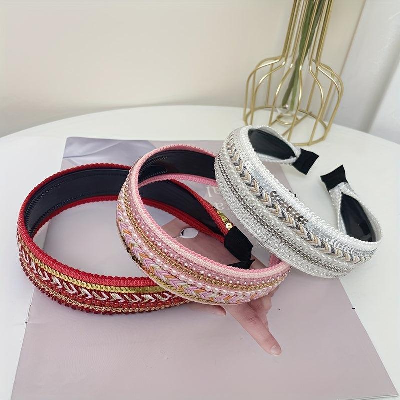 Boho Rhinestone Pearl Knitted Headband Sequin Hair Accessory
