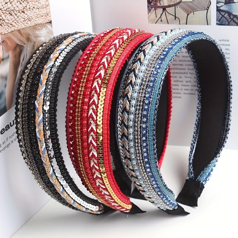 Boho Rhinestone Pearl Knitted Headband Sequin Hair Accessory