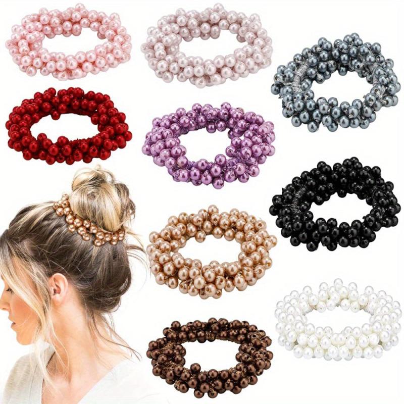 9pcs Pearl Hair Tie Resin Ball Decor Hair Ring Elastic Ponytail Holder