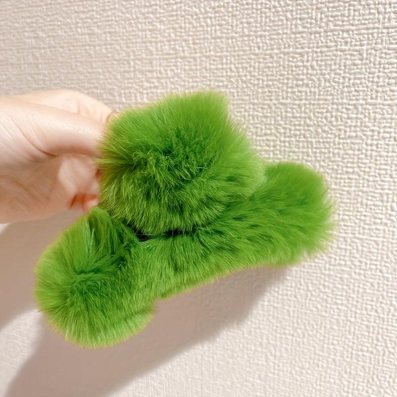 Green Plush Faux Fur Large Hair Claw Clip for Thick Hair