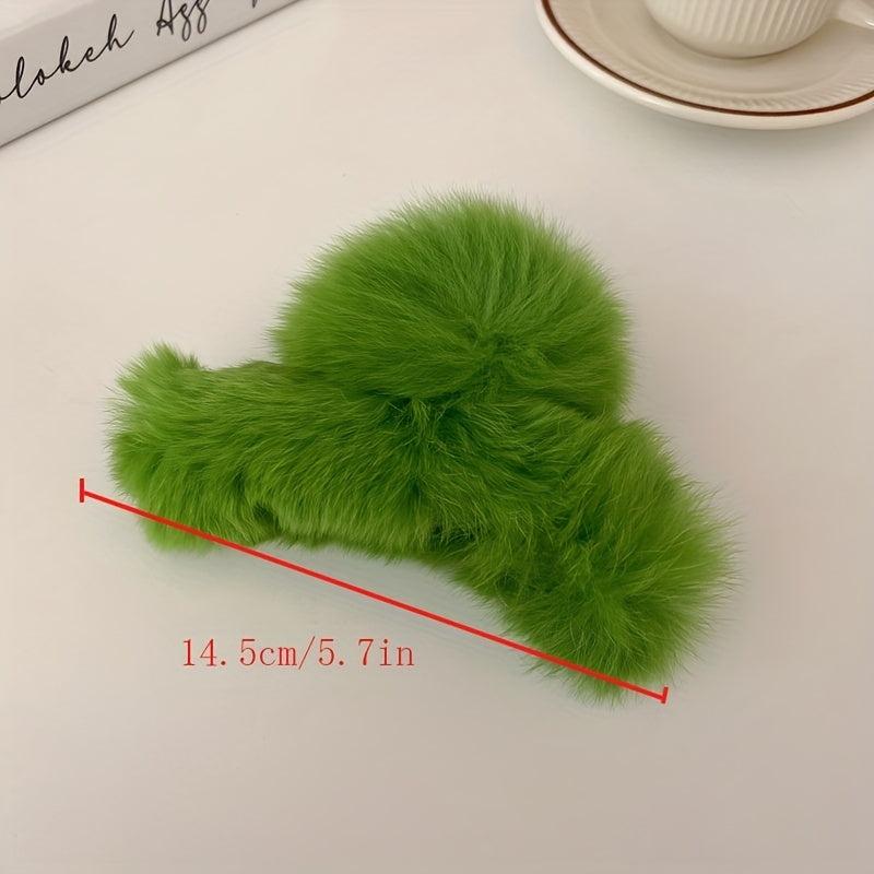 Green Plush Faux Fur Large Hair Claw Clip for Thick Hair