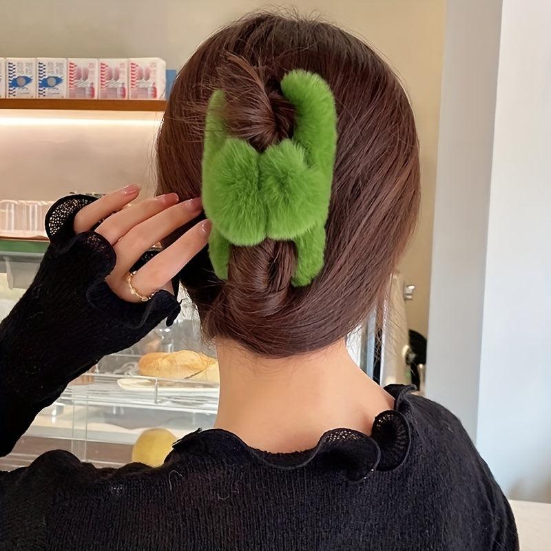Green Plush Faux Fur Large Hair Claw Clip for Thick Hair