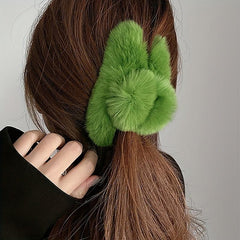 Green Plush Faux Fur Large Hair Claw Clip for Thick Hair