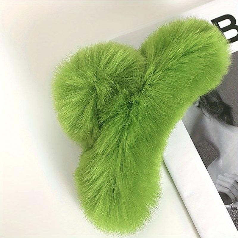 Green Plush Faux Fur Large Hair Claw Clip for Thick Hair