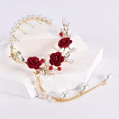 Rose Flower Faux Pearl Tassel Hair Clip Chinese Style Hair Accessory