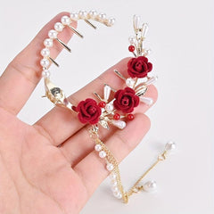 Rose Flower Faux Pearl Tassel Hair Clip Chinese Style Hair Accessory