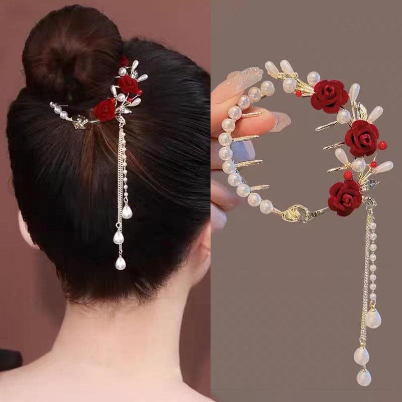 Rose Flower Faux Pearl Tassel Hair Clip Chinese Style Hair Accessory