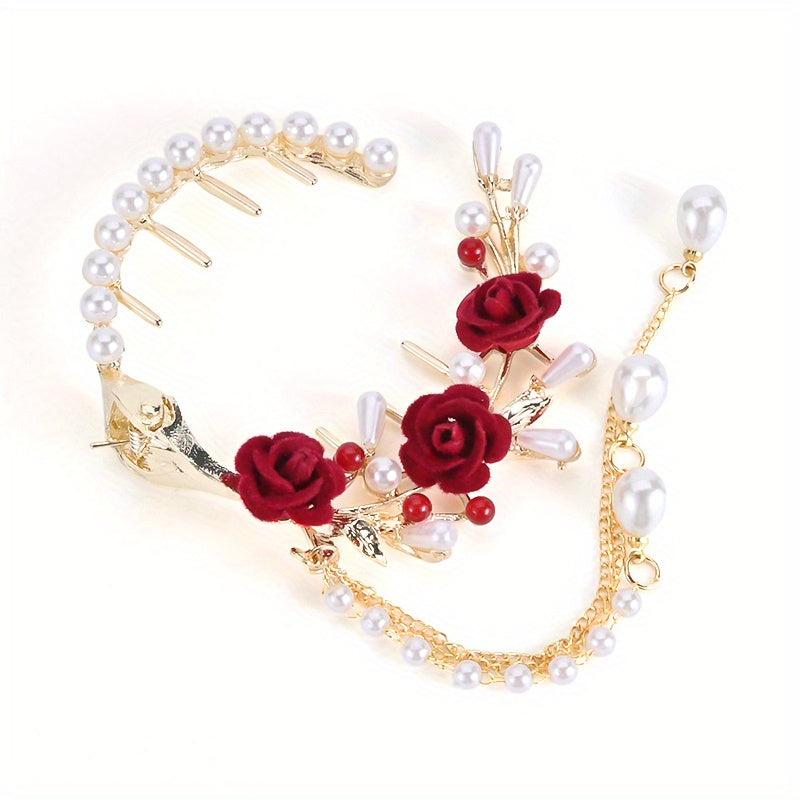 Rose Flower Faux Pearl Tassel Hair Clip Chinese Style Hair Accessory