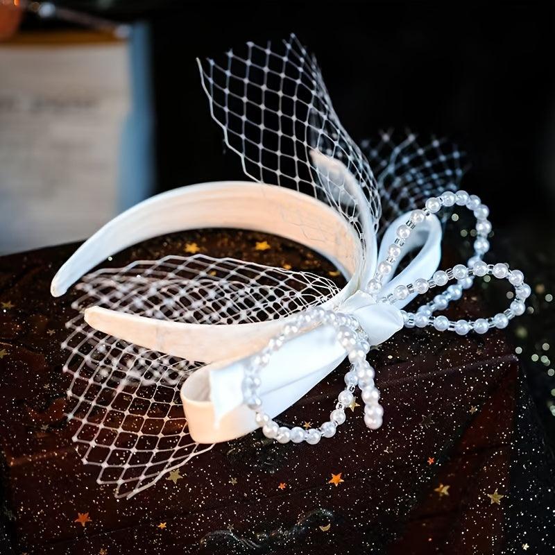 French Vintage Beaded Faux Pearl Bow Veil Headband Bridal Wedding