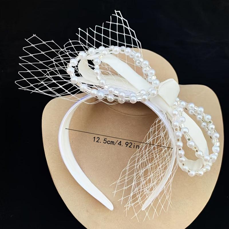 French Vintage Beaded Faux Pearl Bow Veil Headband Bridal Wedding