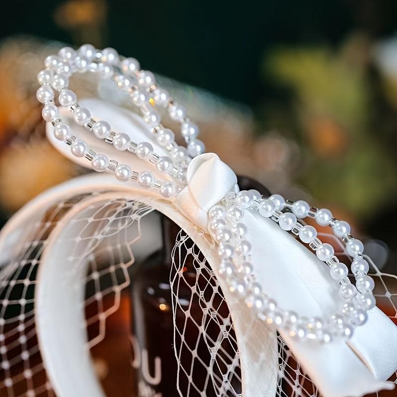 French Vintage Beaded Faux Pearl Bow Veil Headband Bridal Wedding