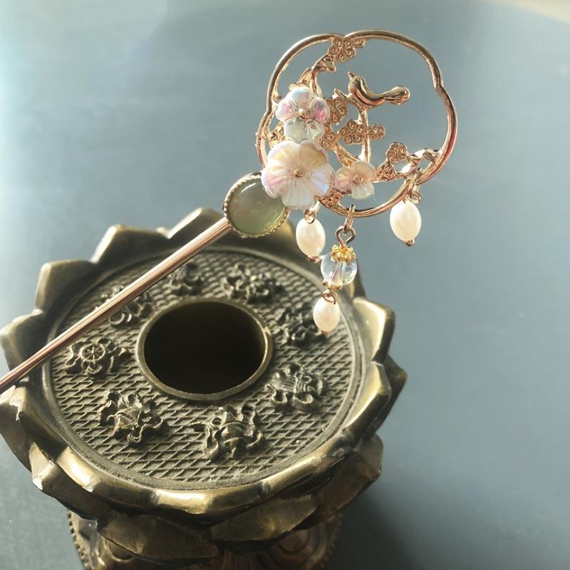 Hanfu Hairpin Faux Pearl Flower Metal Chignon Vintage Chinese Style Cheongsam