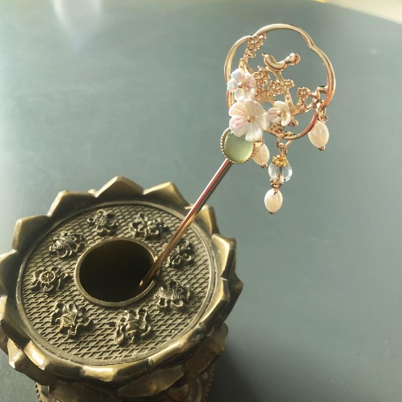Hanfu Hairpin Faux Pearl Flower Metal Chignon Vintage Chinese Style Cheongsam
