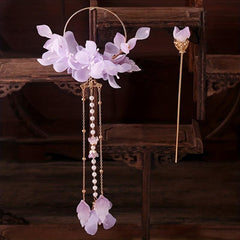 Purple Silky Flower Hair Accessories Set with Tassels
