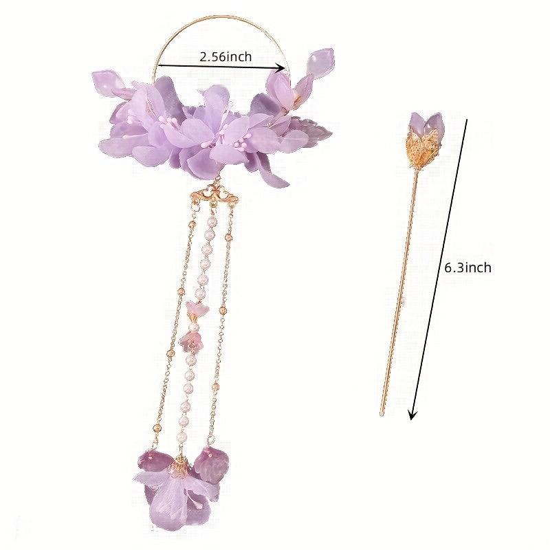 Purple Silky Flower Hair Accessories Set with Tassels