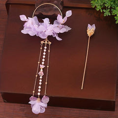 Purple Silky Flower Hair Accessories Set with Tassels