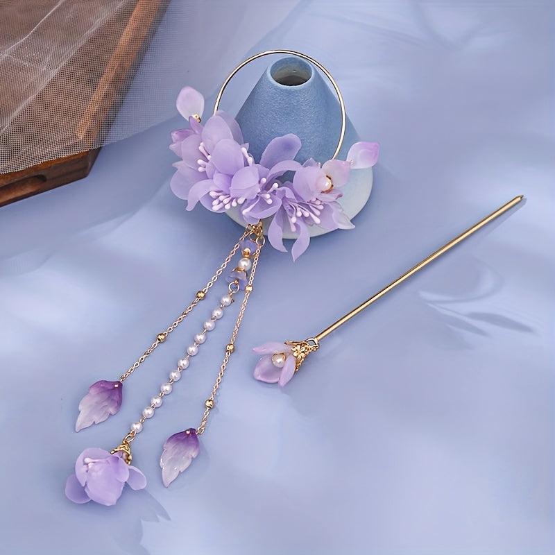 Purple Silky Flower Hair Accessories Set with Tassels
