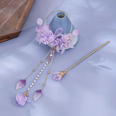 Purple Silky Flower Hair Accessories Set with Tassels