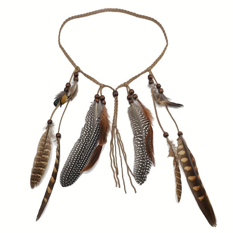 Boho Feather Hair Band Beaded Tassel Headdress