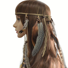 Boho Feather Hair Band Beaded Tassel Headdress
