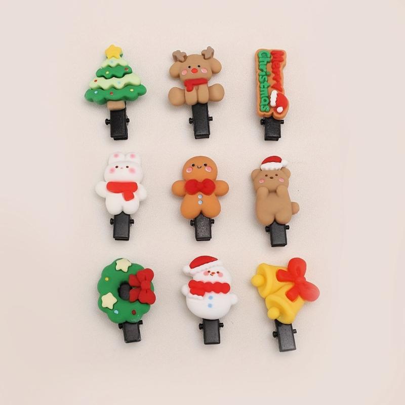 9pcs Christmas Hair Clip Cartoon Resin Patt