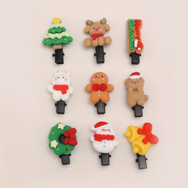 9pcs Christmas Hair Clip Cartoon Resin Patt