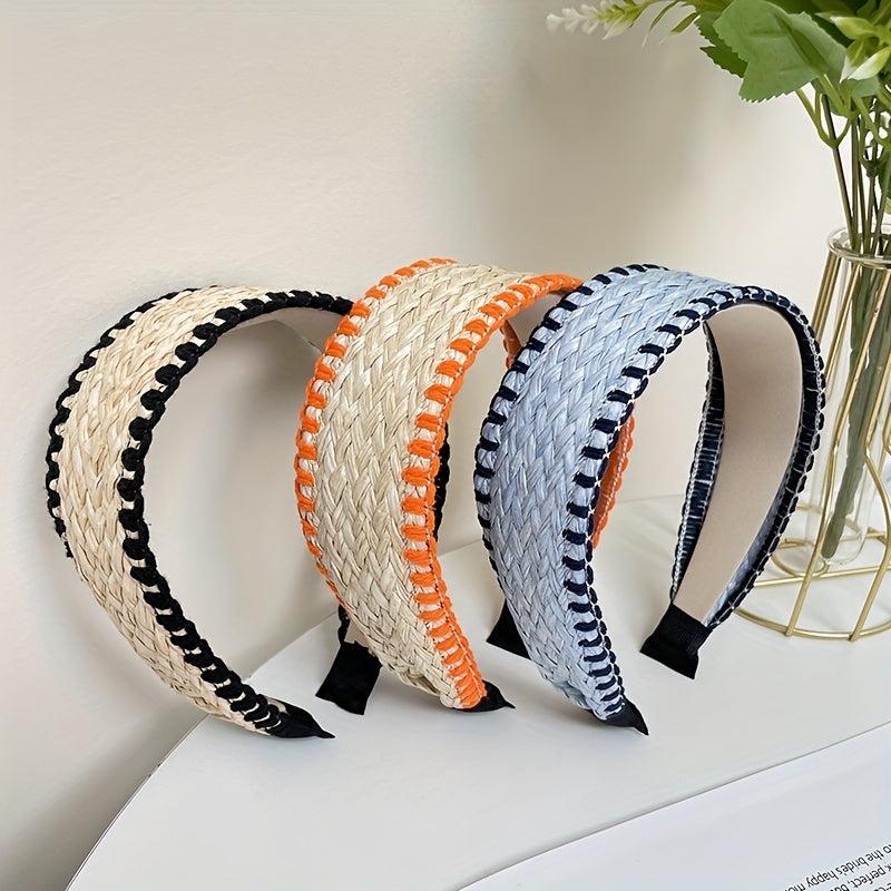 Boho Straw Knitted Headband Wide Head Hoop Ratten Headdress Hair Accessories
