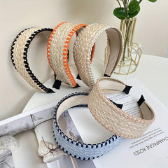 Boho Straw Knitted Headband Wide Head Hoop Ratten Headdress Hair Accessories