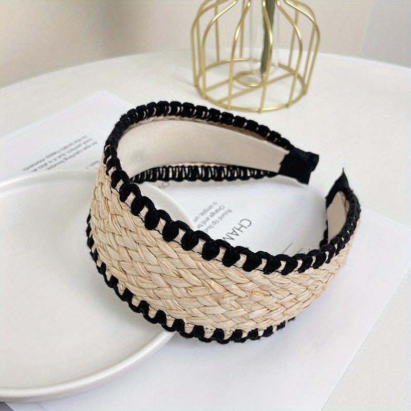 Boho Straw Knitted Headband Wide Head Hoop Ratten Headdress Hair Accessories