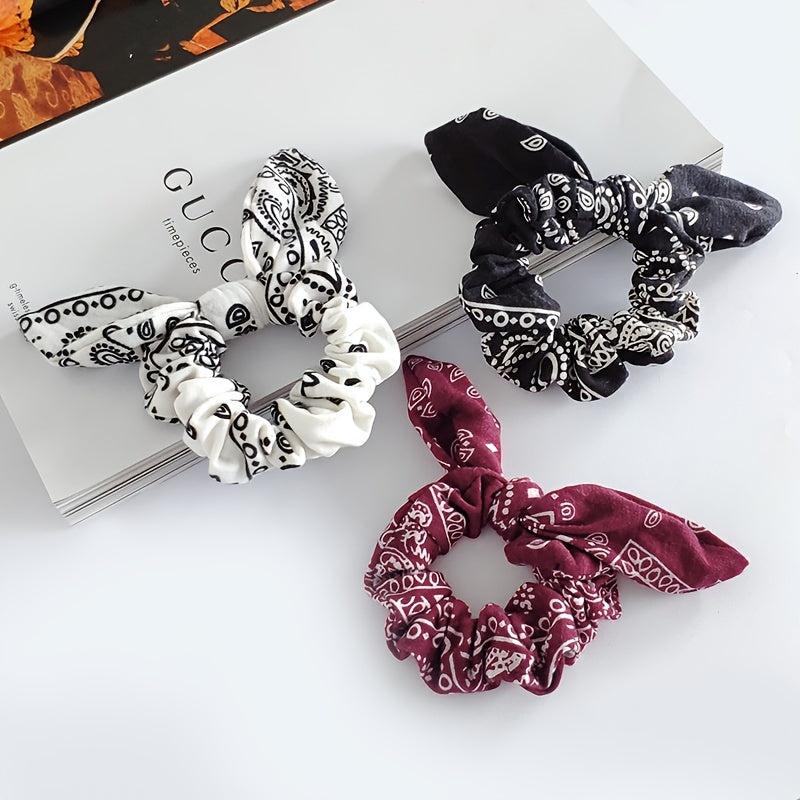 Paisley Print Large Satin Scrunchie with Rabbit Ears for Women