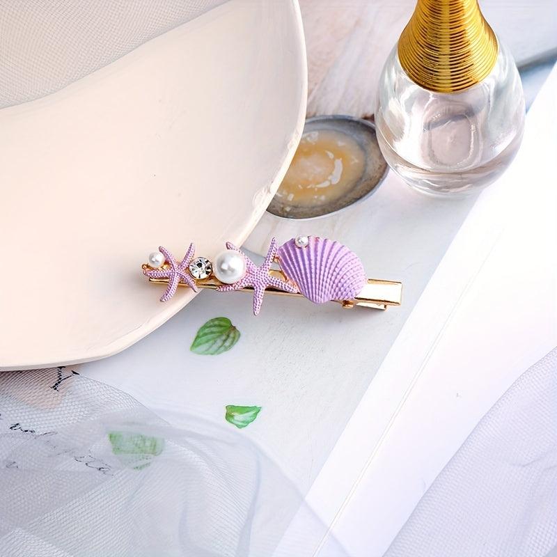 Ocean Style Hair Clip Imitation Pearl Enamel Shell Starfish Duck Billed Clip