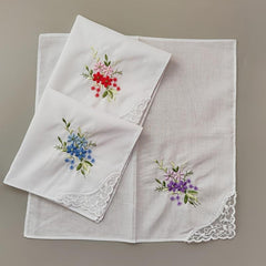 Vintage Linen Handkerchief Floral Embroidery 6pcs