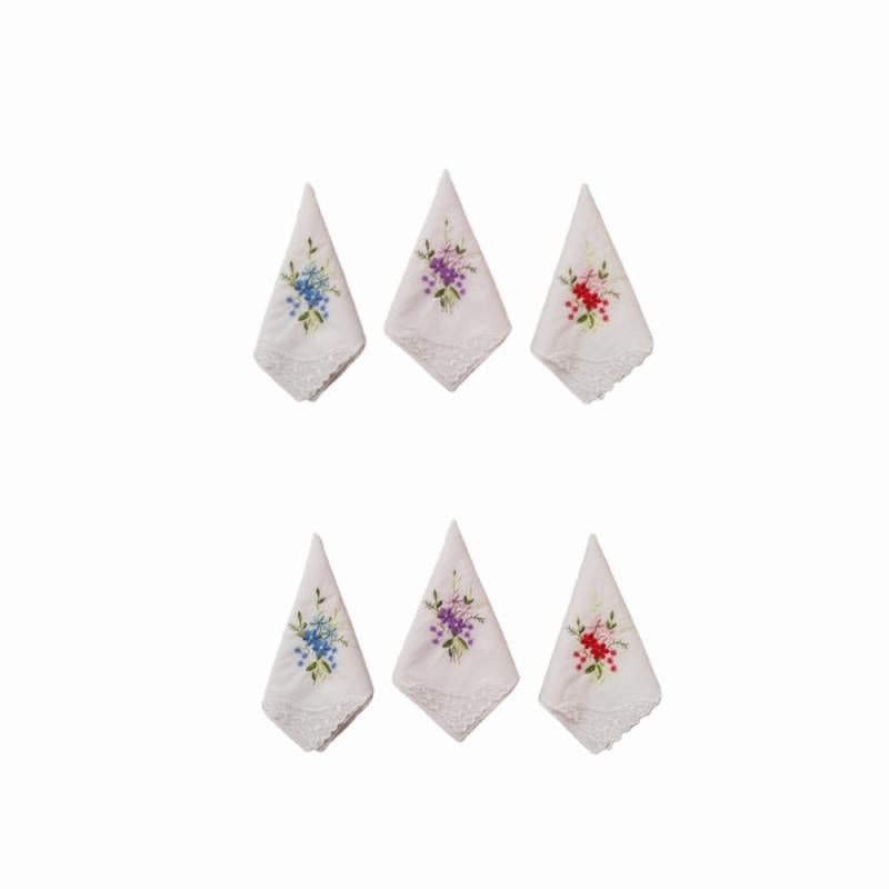 Vintage Linen Handkerchief Floral Embroidery 6pcs