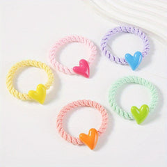 5pcs Candy Heart Hair Tie Elastic Hair Rope Sweet Hair Ring Ponytail Holder